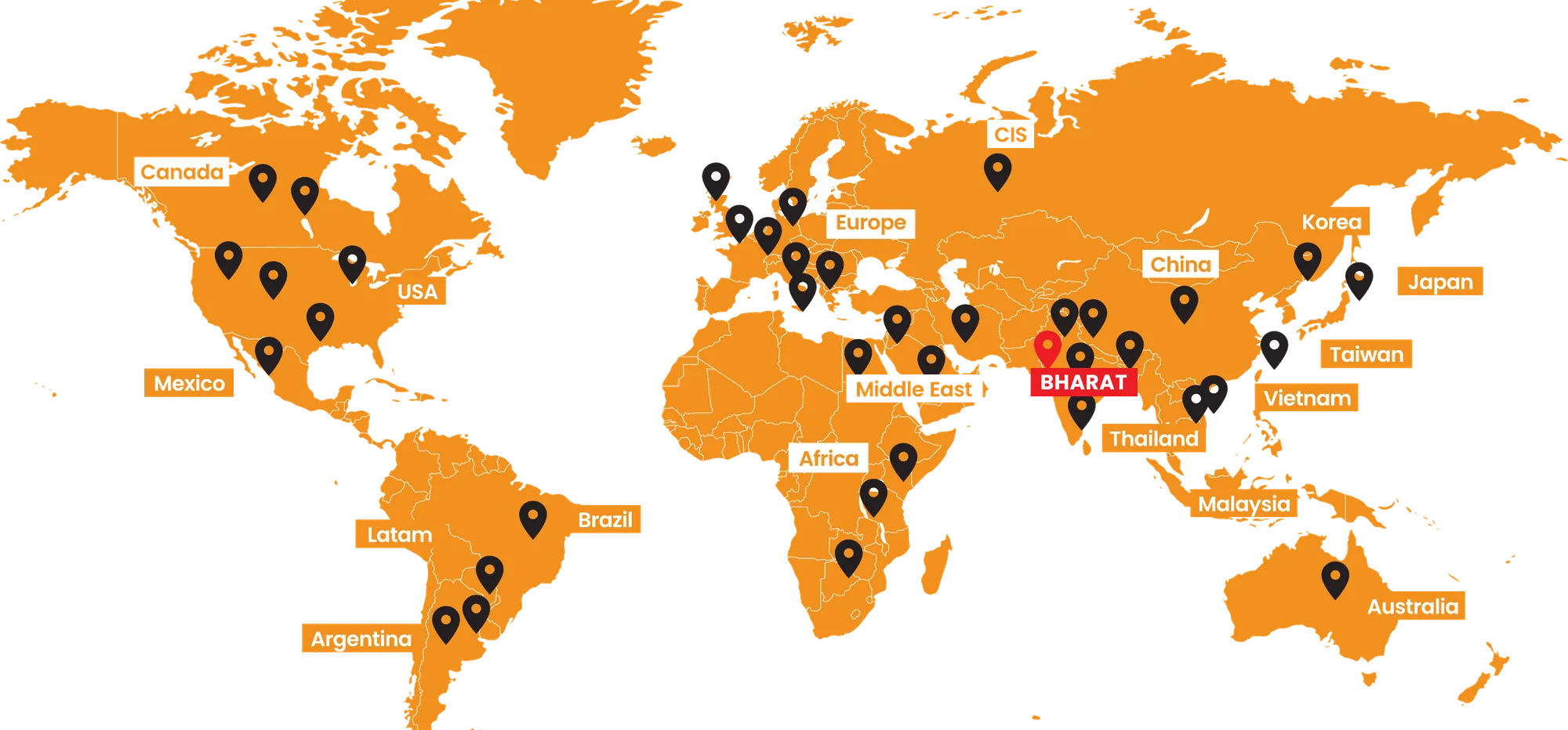 World map of PharmExpert's global presence, with location markers across Canada, the USA, Mexico, Latin America, Brazil, Argentina, Europe, the CIS, the Middle East, Africa, India, China, Korea, Japan, Taiwan, Vietnam, Thailand, Malaysia and Australia.